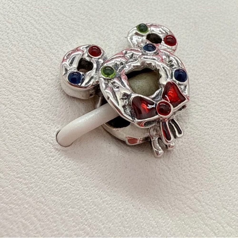 Mickey Mouse Wreath Red and Green Sterling Silver Charm with bow accents.